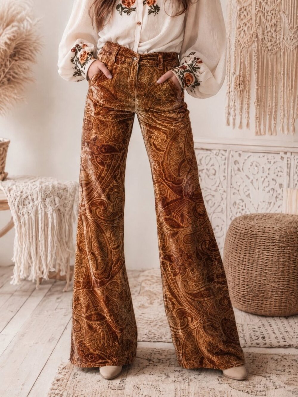 Brown Boho Women's Velvet Flare Leg Pants